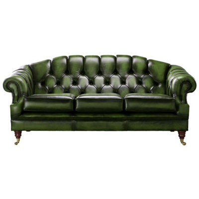 Chesterfield 3 Seater Antique Green Leather Sofa Settee In Victoria Style - image 1