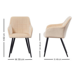 Life Interiors Single Cream Camden Modern Velvet Dining Chair With Armrests, Quilted Design & Black Metal Legs - thumbnail 7