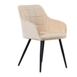 Life Interiors Single Cream Camden Modern Velvet Dining Chair With Armrests, Quilted Design & Black Metal Legs - thumbnail 1