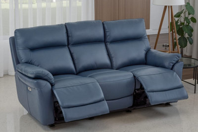 Navy Blue Leather Electric 3 Seater Recliner Sofa - image 1