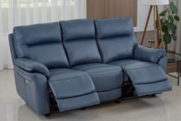 Navy Blue Leather Electric 3 Seater Recliner Sofa - thumbnail 1