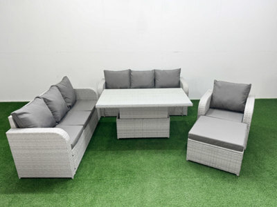 Fimous 8 Seater Poly Rattan Outdoor Garden Furniture Adjustable Lifting Dining Or Coffee Table Sofa Set Big Footstool Light Grey - image 1
