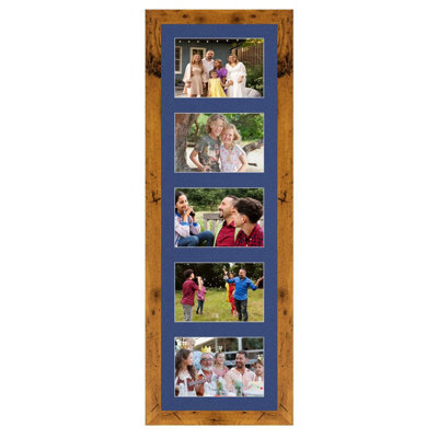 AK Frames 26X8 Rustic Oak Modern Multi Photo Frame With Blue Mount - Holds 5 Apertures (5X) 6X4 Photos - image 1