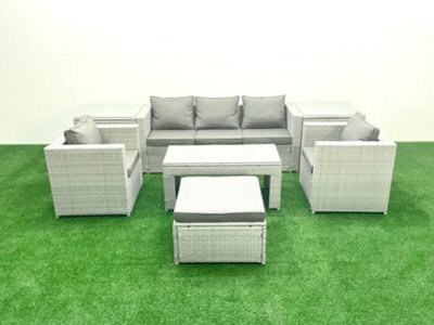 Fimous Rattan Garden Furniture Set 7 Pieces Outdoor Garden Sofa Oblong Coffee Table Set 2 Chairs 2 Side Tabes Light Grey - image 1