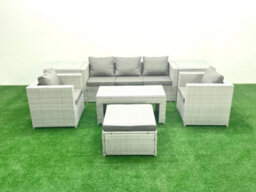 Fimous Rattan Garden Furniture Set 7 Pieces Outdoor Garden Sofa Oblong Coffee Table Set 2 Chairs 2 Side Tabes Light Grey - thumbnail 1