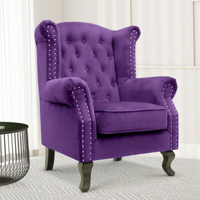 Velvet Wing Back Fireside Henley Chair Armchair With Buttons Purple - image 1