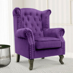 Velvet Wing Back Fireside Henley Chair Armchair With Buttons Purple - thumbnail 1