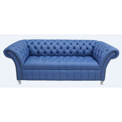 Chesterfield 3 Seater Buttoned Seat Deep Ultramarine Blue Leather Metal Feet Sofa Bespoke In Balmoral Style - image 1