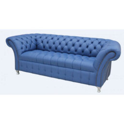 Chesterfield 3 Seater Buttoned Seat Deep Ultramarine Blue Leather Metal Feet Sofa Bespoke In Balmoral Style - thumbnail 3
