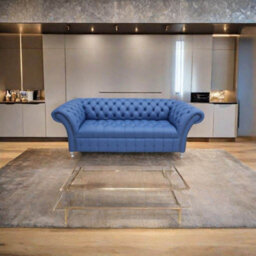 Chesterfield 3 Seater Buttoned Seat Deep Ultramarine Blue Leather Metal Feet Sofa Bespoke In Balmoral Style - thumbnail 4