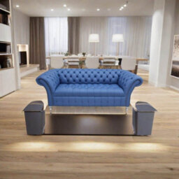 Chesterfield 3 Seater Buttoned Seat Deep Ultramarine Blue Leather Metal Feet Sofa Bespoke In Balmoral Style - thumbnail 5