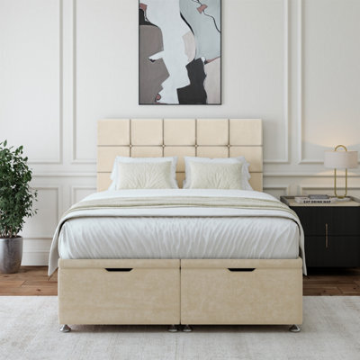Bedmaster Cream Luxury Velvet Ottoman Divan Base And Square Headboard Single - image 1