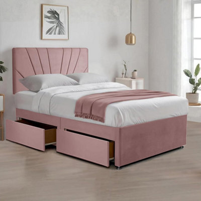 Pink Plush Fabric Single Bed With 20 Inches Sunrise Headboard 2 Storage Drawers And Spring Memory Foam Mattress