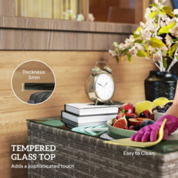 Outsunny Outdoor Coffee Table With Glass Top, Rattan Side Table, Dark Grey - thumbnail 5