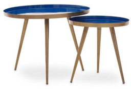 Orsina Blue Enamel Nest Of Two Tables, Luxe Modern Side Tables With Matt Gold Legs, Space-Saving Nesting Tables - thumbnail 1