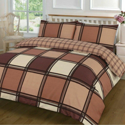 Homes & Linen Logan Reversible Check Box Duvet Quilt Cover Bedding Sets With Matching Pillowcases