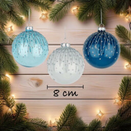 Shatchi Christmas Glass Baubles 12Pcs Set - 8Cm Blue & White Ornaments With 3 Stylish Assorted Designs - thumbnail 2