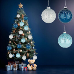Shatchi Christmas Glass Baubles 12Pcs Set - 8Cm Blue & White Ornaments With 3 Stylish Assorted Designs - thumbnail 4