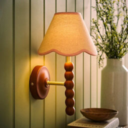 Valuelights Bobbin Walnut Bobble Wall Light And Pink Trim Linen Lamp Shade And Bulb - thumbnail 2