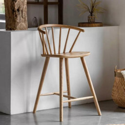 Xample Gallery Craft Oak Bar Stool With Light Brown Finish, Turned Legs & Back Spindles, Counter Height, Solid Oak & Oak Veneers