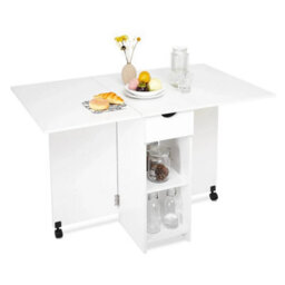 White Folding Dining Table Drop Leaf Rolling W/ Drawer 2 Storage Shelves - thumbnail 1