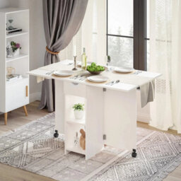 White Folding Dining Table Drop Leaf Rolling W/ Drawer 2 Storage Shelves - thumbnail 3
