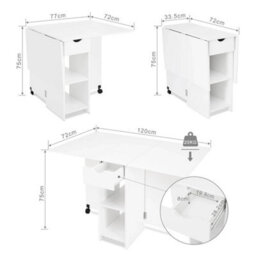 White Folding Dining Table Drop Leaf Rolling W/ Drawer 2 Storage Shelves - thumbnail 2
