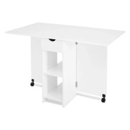 White Folding Dining Table Drop Leaf Rolling W/ Drawer 2 Storage Shelves - thumbnail 5