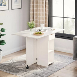 White Folding Dining Table Drop Leaf Rolling W/ Drawer 2 Storage Shelves - thumbnail 4