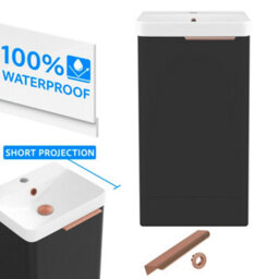 FNX Bathrooms Bathroom Cloakroom Vanity Unit Compact Basin Sink Black 400mm Soft Close Cabinet - Brushed Copper Handle - thumbnail 1
