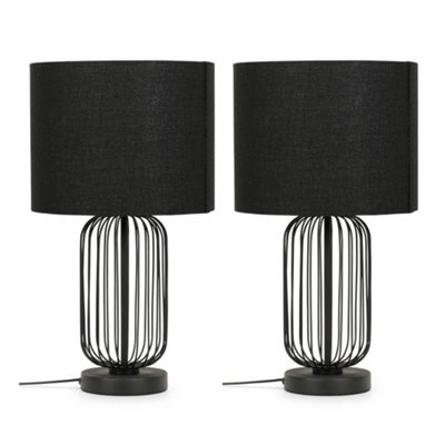 Valuelights Gabbia Pair Of Black Wire Cage Metal Bedside Dimmer Touch Table Lamps With Fabric Drum Lampshade - image 1