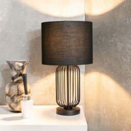 Valuelights Gabbia Pair Of Black Wire Cage Metal Bedside Dimmer Touch Table Lamps With Fabric Drum Lampshade - thumbnail 3