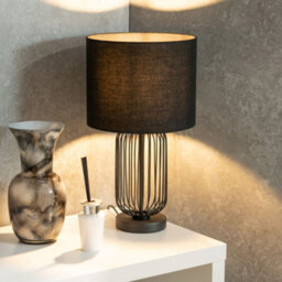 Valuelights Gabbia Pair Of Black Wire Cage Metal Bedside Dimmer Touch Table Lamps With Fabric Drum Lampshade - thumbnail 4