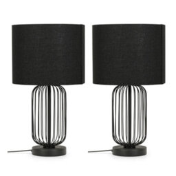 Valuelights Gabbia Pair Of Black Wire Cage Metal Bedside Dimmer Touch Table Lamps With Fabric Drum Lampshade