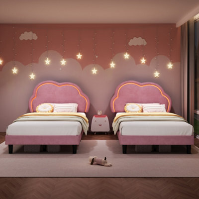 Btm Pink Velvet Single Bed 3Ft With Adjustable Cloud Headboard Led Light Strip Upholstered Frame Easy Assembly - image 1