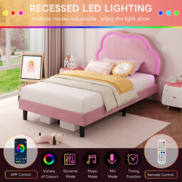 Btm Pink Velvet Single Bed 3Ft With Adjustable Cloud Headboard Led Light Strip Upholstered Frame Easy Assembly - thumbnail 5