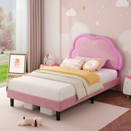 Btm Pink Velvet Single Bed 3Ft With Adjustable Cloud Headboard Led Light Strip Upholstered Frame Easy Assembly - thumbnail 4