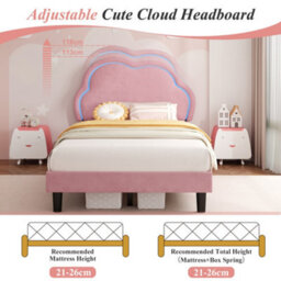 Btm Pink Velvet Single Bed 3Ft With Adjustable Cloud Headboard Led Light Strip Upholstered Frame Easy Assembly - thumbnail 7
