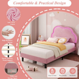 Btm Pink Velvet Single Bed 3Ft With Adjustable Cloud Headboard Led Light Strip Upholstered Frame Easy Assembly - thumbnail 6