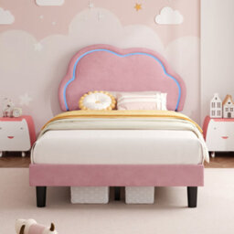 Btm Pink Velvet Single Bed 3Ft With Adjustable Cloud Headboard Led Light Strip Upholstered Frame Easy Assembly - thumbnail 3