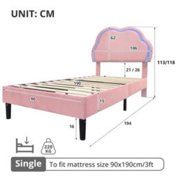 Btm Pink Velvet Single Bed 3Ft With Adjustable Cloud Headboard Led Light Strip Upholstered Frame Easy Assembly - thumbnail 9