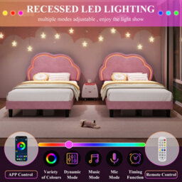 Btm Pink Velvet Single Bed 3Ft With Adjustable Cloud Headboard Led Light Strip Upholstered Frame Easy Assembly - thumbnail 8