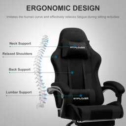 Gtplayer Fabric Gaming Chair, Massage Ergonomic Computer Chair With Footrest, Lumbar Support, Home Office Pc Racing Chairs, Black - thumbnail 4