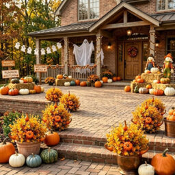 CLEFFNS Fall Pumpkin Artificial Flowers With Ground Stakes, Faux Autumn Plant With Orange Leaves Gourds, 22Inch Garden Decor For Halloween - thumbnail 8