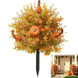 CLEFFNS Fall Pumpkin Artificial Flowers With Ground Stakes, Faux Autumn Plant With Orange Leaves Gourds, 22Inch Garden Decor For Halloween - thumbnail 1