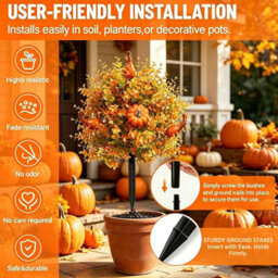 CLEFFNS Fall Pumpkin Artificial Flowers With Ground Stakes, Faux Autumn Plant With Orange Leaves Gourds, 22Inch Garden Decor For Halloween - thumbnail 2