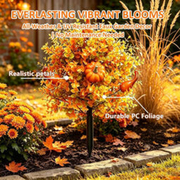 CLEFFNS Fall Pumpkin Artificial Flowers With Ground Stakes, Faux Autumn Plant With Orange Leaves Gourds, 22Inch Garden Decor For Halloween - thumbnail 7