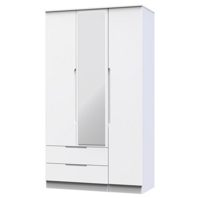 Messina Ready Assembled Modern Matt White 2 Drawer Tall Triple Wardrobe With 1 Mirror Door (H)1970mm (W)1110mm (D)530mm - image 1