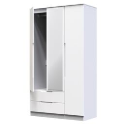 Messina Ready Assembled Modern Matt White 2 Drawer Tall Triple Wardrobe With 1 Mirror Door (H)1970mm (W)1110mm (D)530mm - thumbnail 2
