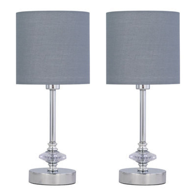 First Choice Lighting Set Of 2 Chrome Jewelled Table Lamp With Grey Cotton Shades - image 1